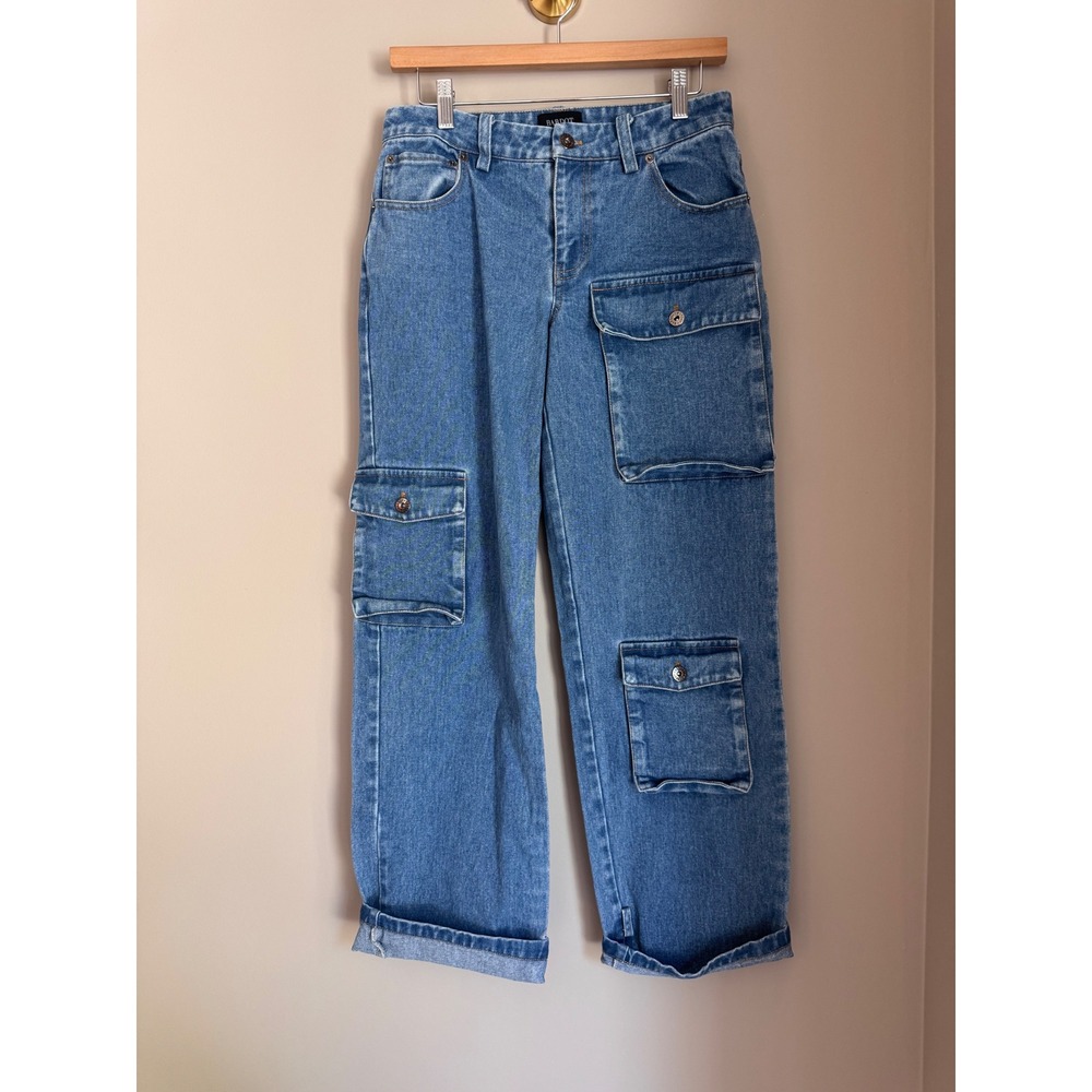 Bardot Cargo Jeans Medium Wash‎ Blue Wide Leg High Rise Denim Size 26 US 4